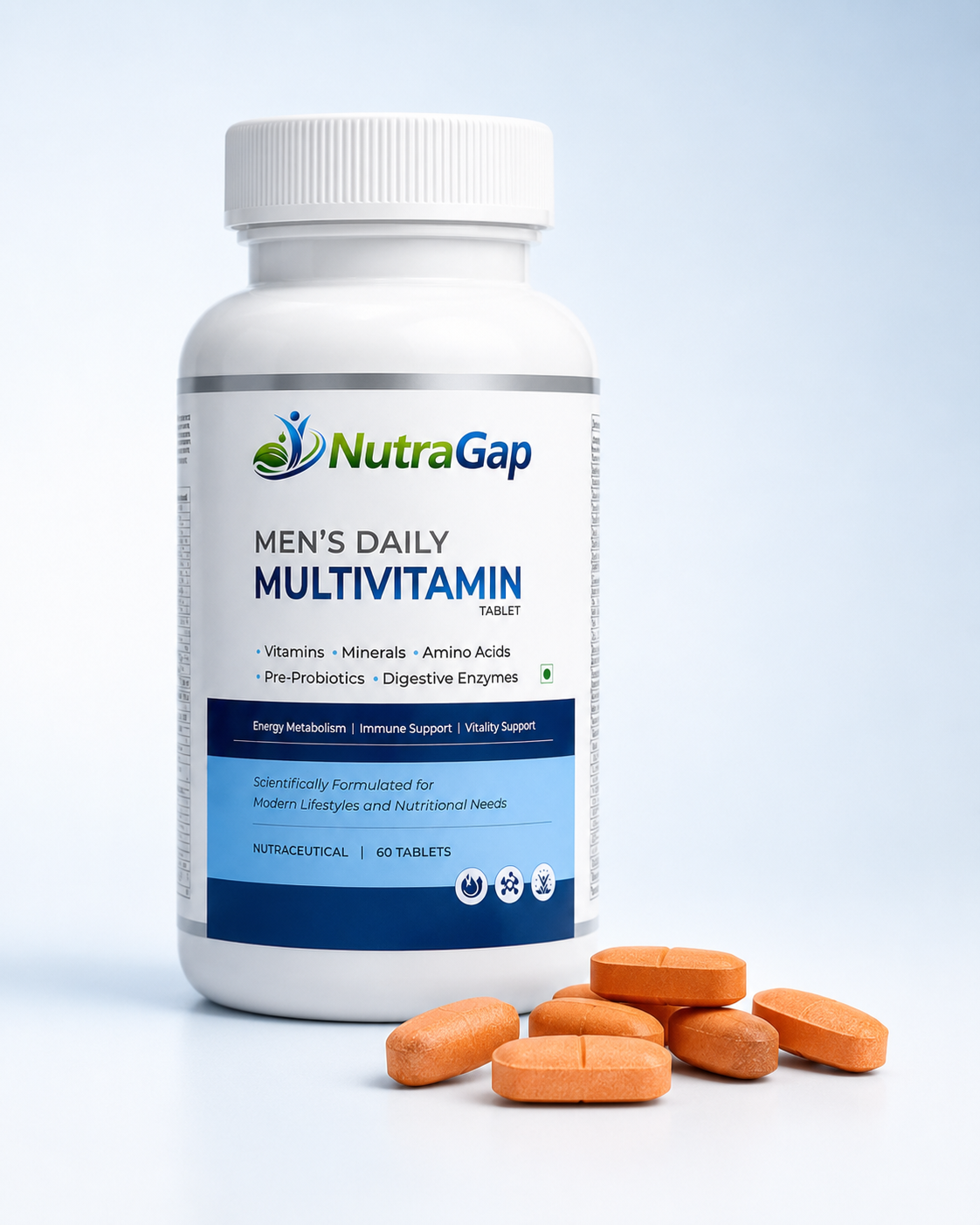 NutraGap bottle with film-coated multivitamin tablets